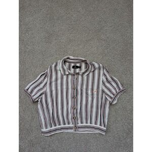 Volcom Striped Crop Button Up Shirt Womens M White Black Rust Short Sleeve Top